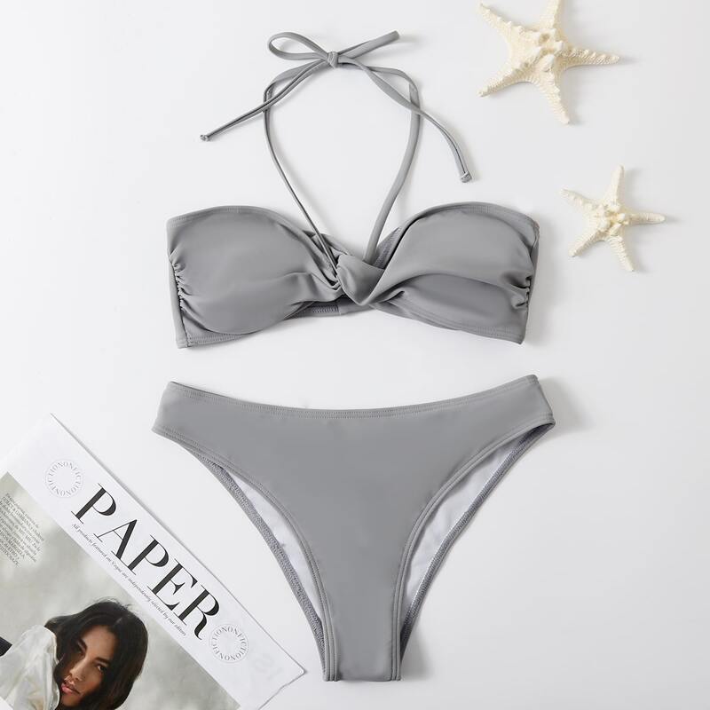 

Solid Twist Halter Bikini Swimsuit, Light grey