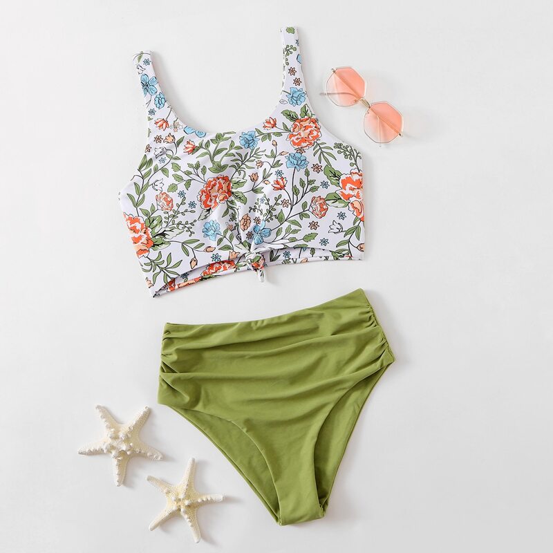 

Floral Ruched High Waist Bikini Swimsuit, Multicolor
