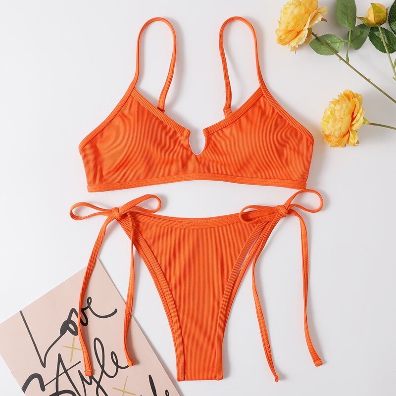 

Ribbed Tie Side Bikini Swimsuit, Orange