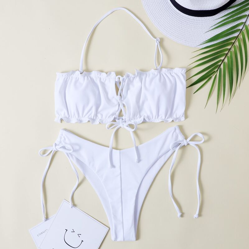 

Frill Trim Lace-up Bikini Swimsuit, White