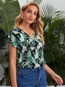 SHEIN VCAY Keyhole Neck Tropical Print Top - Multicolor - View 3