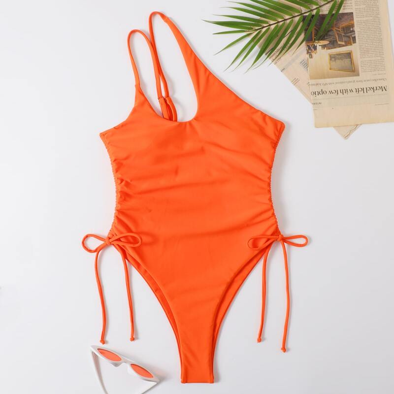 

Drawstring Side One Shoulder One Piece Swimsuit, Orange