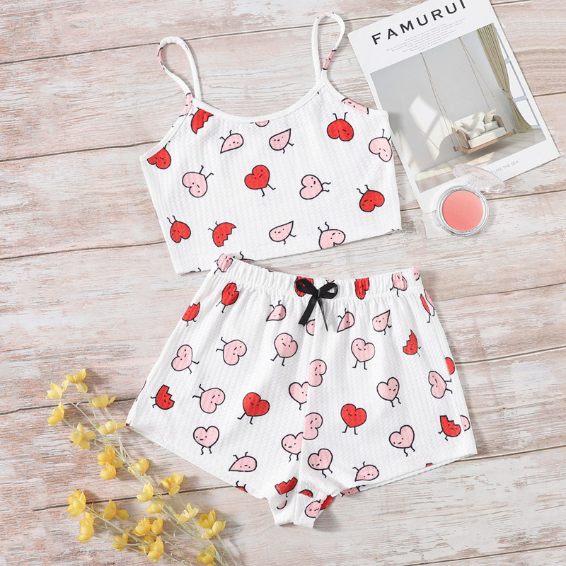 

Waffle Knit Cartoon Graphic Bow Detail Cami PJ Set, White