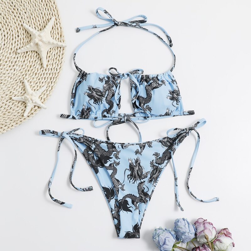 

Dragon Print Tie Side Bikini Swimsuit, Blue