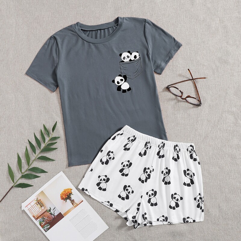 

Cartoon Graphic Tee & Shorts Pajama Set, Multicolor