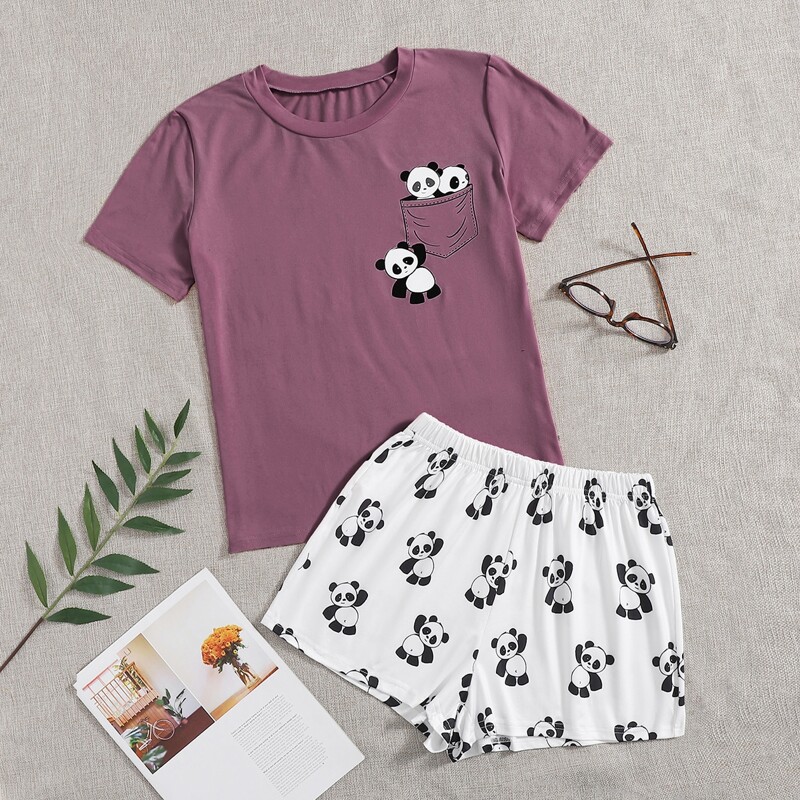 

Cartoon Graphic Tee & Shorts Pajama Set, Multicolor