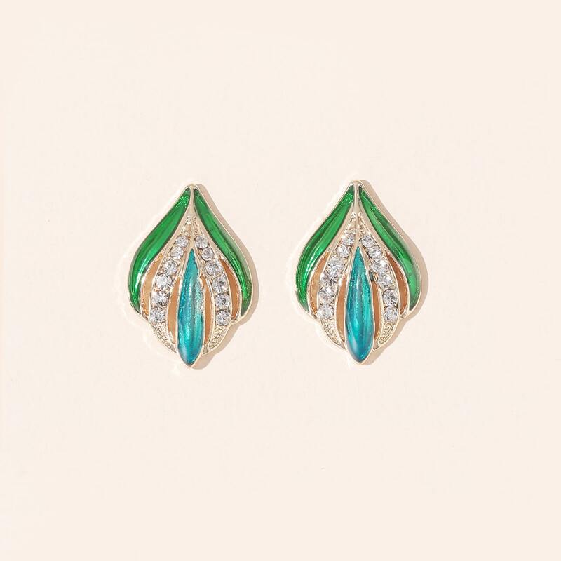 

Rhinestone Decor Leaf Design Stud Earrings, Multicolor