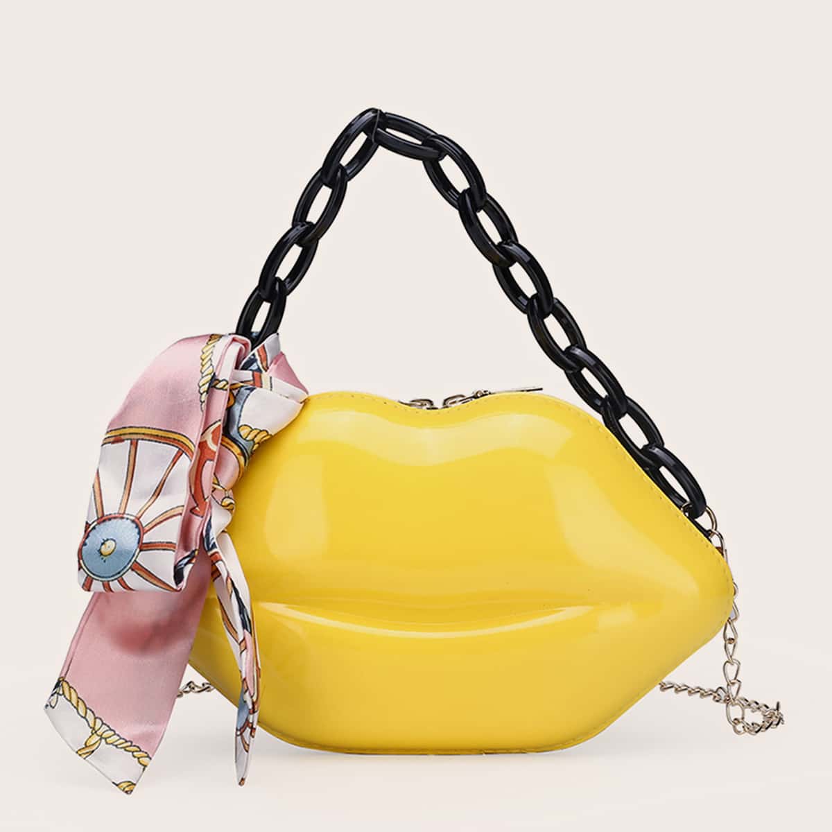 

Twilly Scarf Decor Lip Shaped Satchel Bag, Yellow