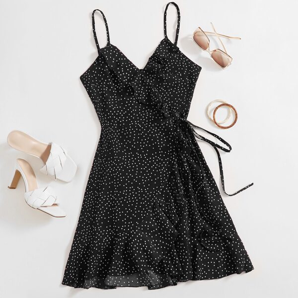 

Plus Ruffle Trim Wrap Tie Side Polka Dot Slip Dress, Black