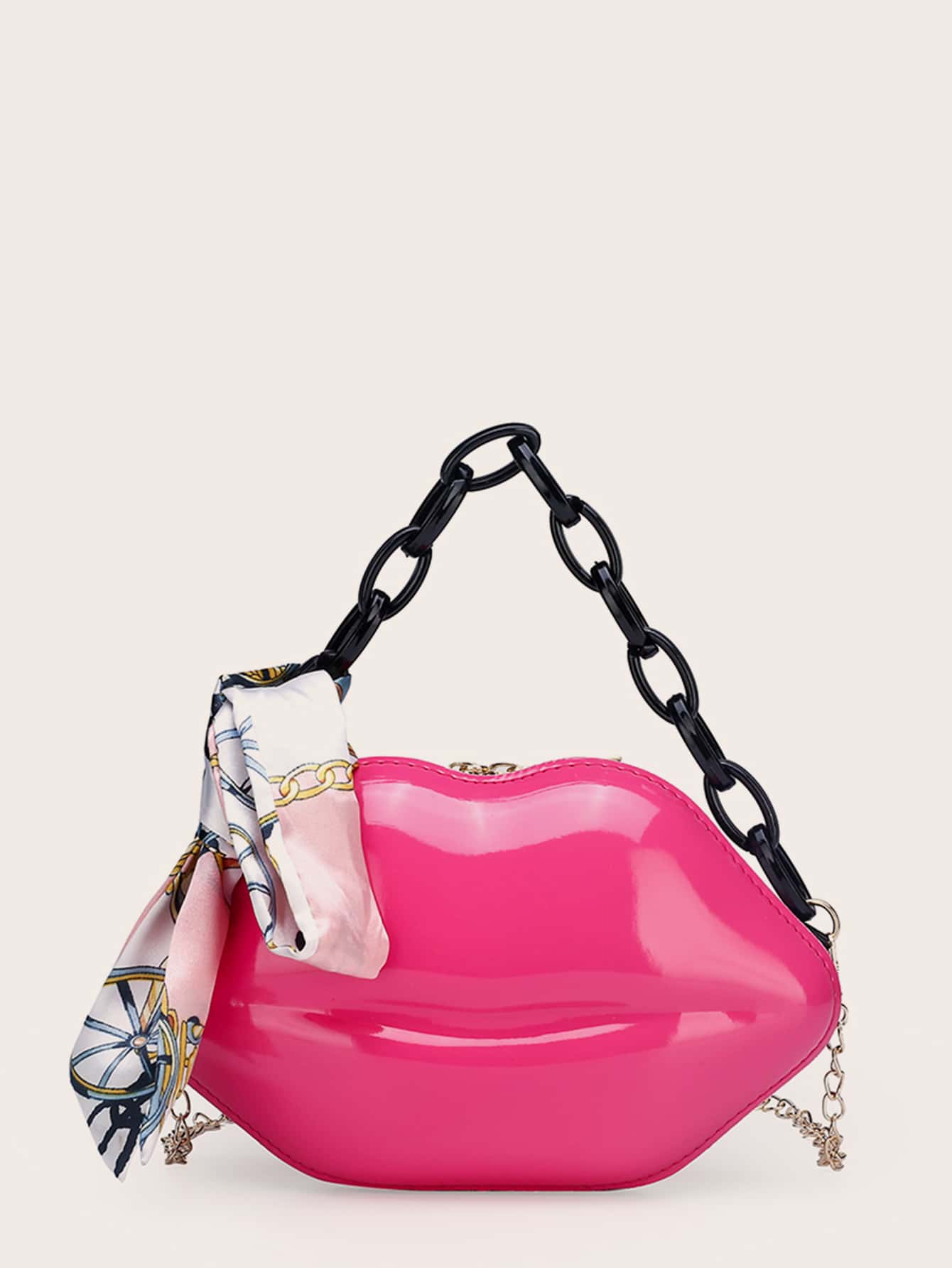 Mini Skinny Scarf Decor Lip Shaped Satchel Bag - Hot Pink - View 1