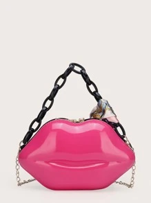 Mini Skinny Scarf Decor Lip Shaped Satchel Bag - Hot Pink - View 2