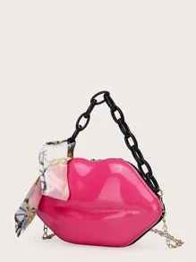 Mini Skinny Scarf Decor Lip Shaped Satchel Bag - Hot Pink - View 3