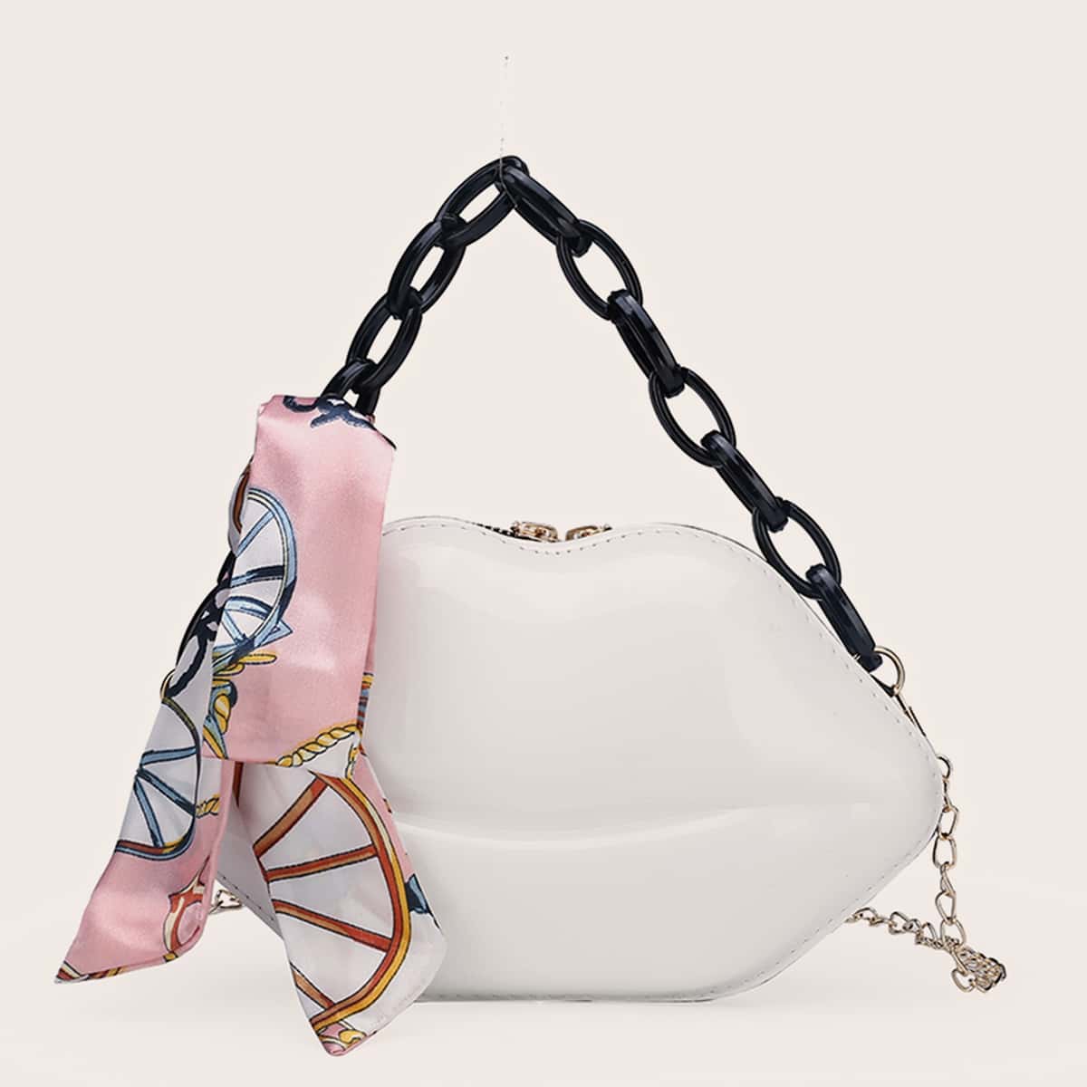 

Twilly Scarf Decor Lip Shaped Satchel Bag, White
