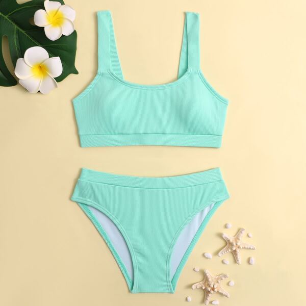

Girls Ribbed Scoop Neck Bikini Swimsuit, Mint green