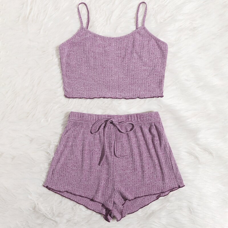 

Ribbed Lettuce Trim Cami Top & Shorts Lounge Set, Purple