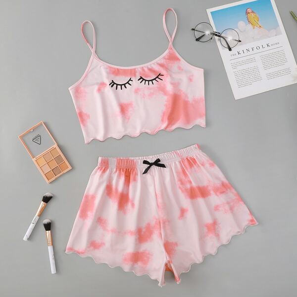 

Tie Dye Lettuce Trim Cami Pajama Set, Baby pink
