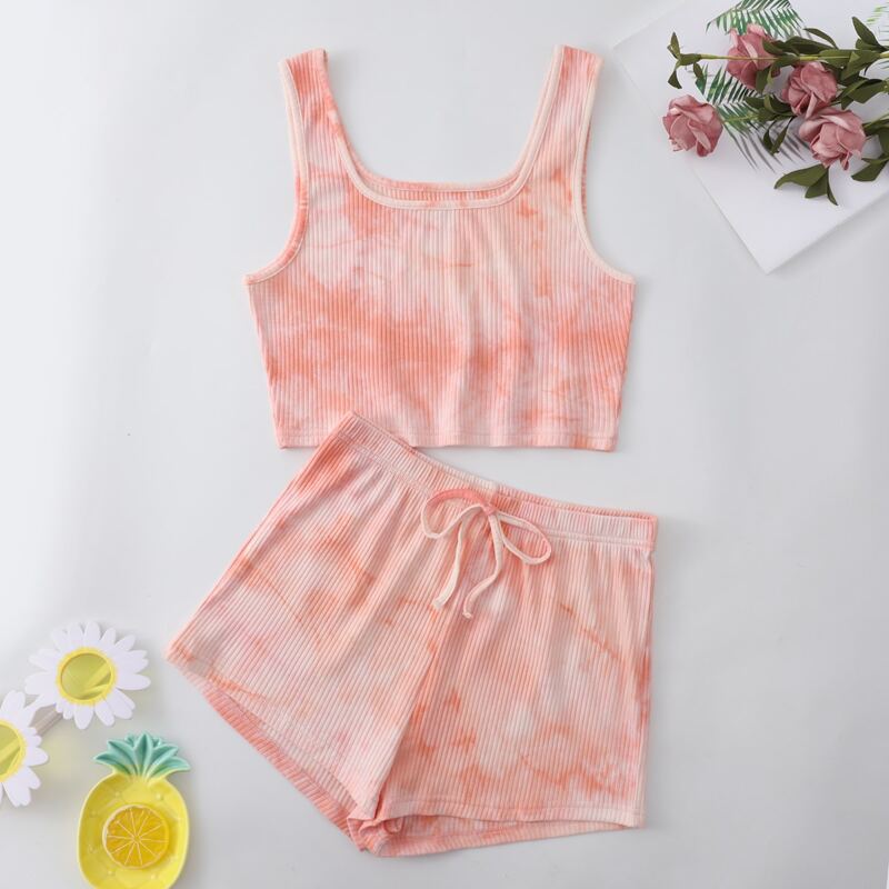 

Tie Dye Ribbed Tank Top & Shorts Lounge Set, Pink