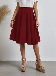 SHEIN Solid Flared Skirt - Burgundy - View 1