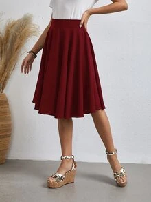 SHEIN Solid Flared Skirt - Burgundy - View 3