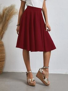 SHEIN Solid Flared Skirt - Burgundy - View 4