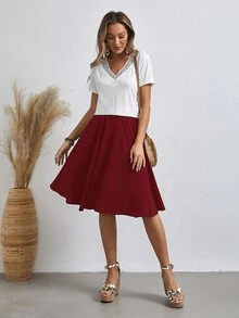SHEIN Solid Flared Skirt - Burgundy - View 5
