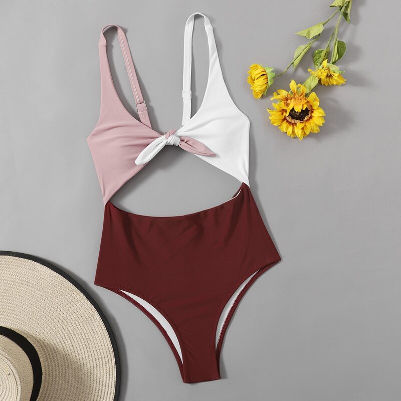 

Colorblock Knot Cut-out One Piece Swimsuit, Multicolor