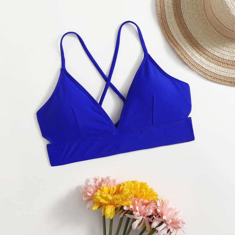 

Solid Lace-up Back Bikini Top, Royal blue