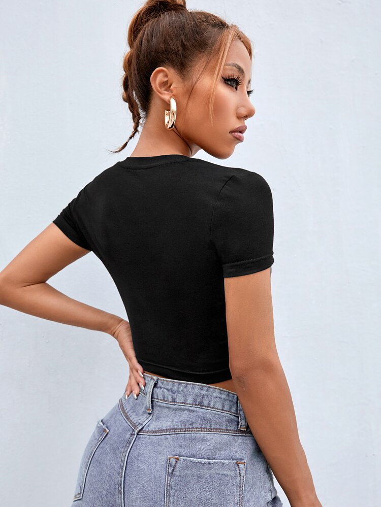 Fire and Butterfly Print Crop Top - Black - View 3