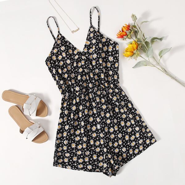 

Surplice Neck Floral Print Cami Romper, Black