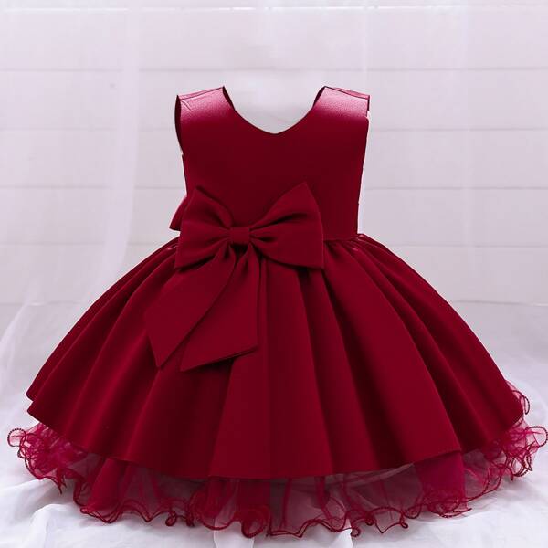 

Toddler Girls Big Bow Front Mesh Panel Bodice Gown Dress, Burgundy