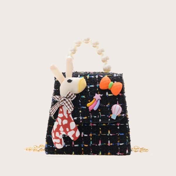 

Girls Cartoon Decor Plaid Satchel Bag, Black