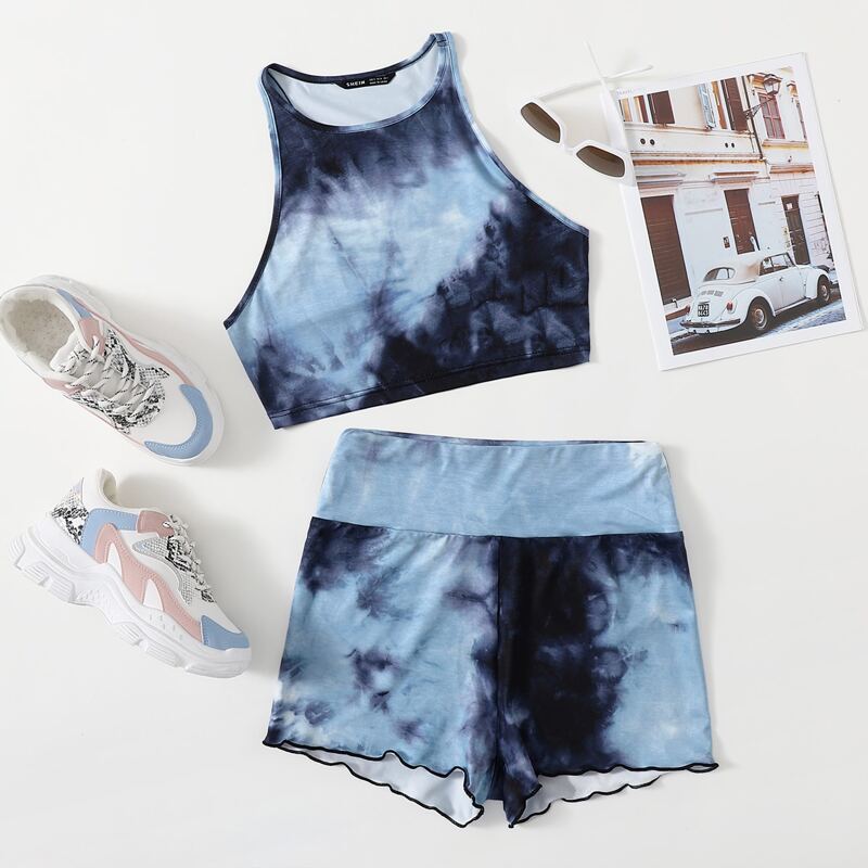 

Tie Dye Tank Top & Lettuce Trim Shorts Set, Multicolor