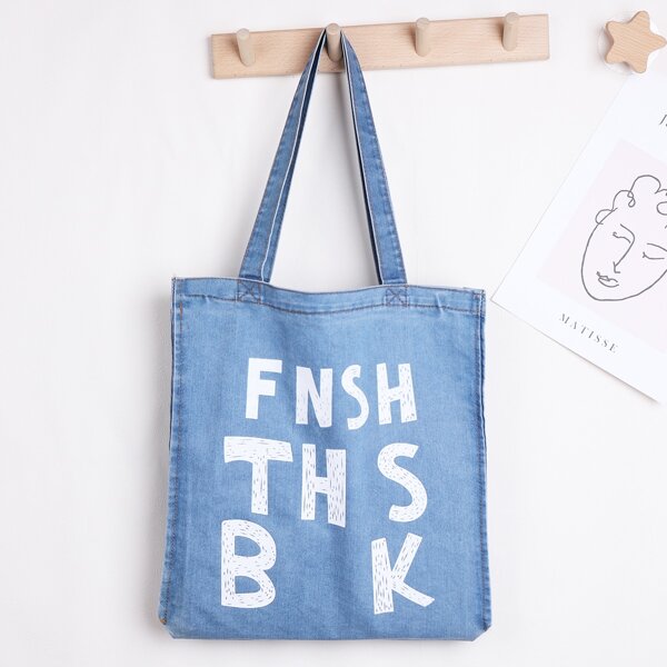 

Letter Graphic Denim Tote Bag, Blue