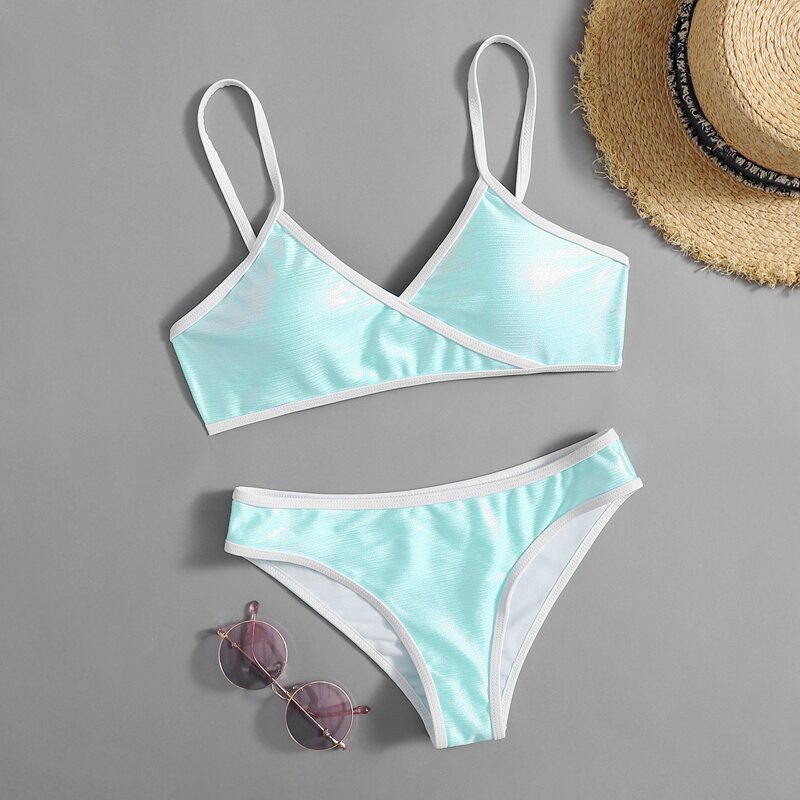 

Contrast Binding Wrap Bikini Swimsuit, Mint blue