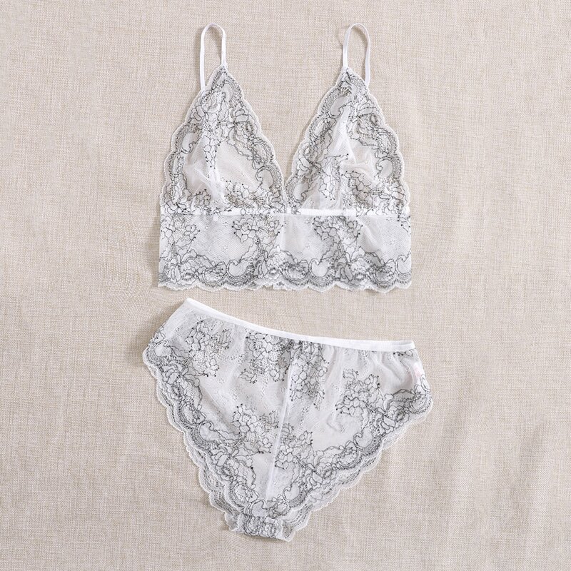 

Scallop Floral Lace Lingerie Set, White
