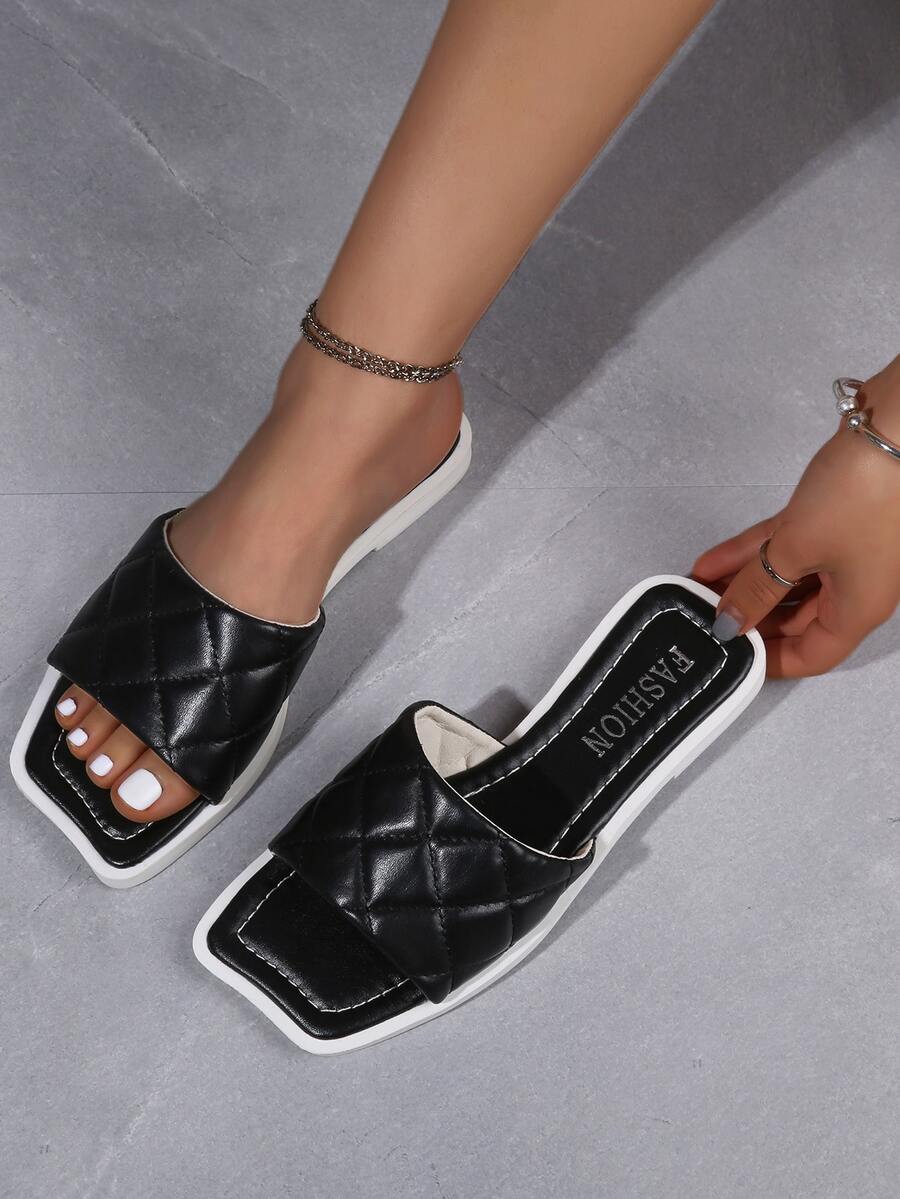 Quilted Slide Sandals - Black - View 1