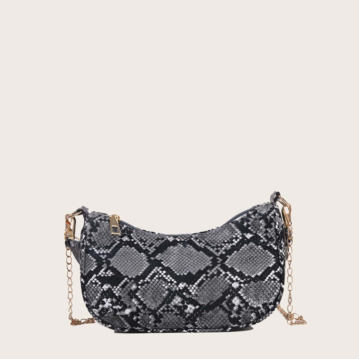

Snakeskin Chain Baguette Bag, Black
