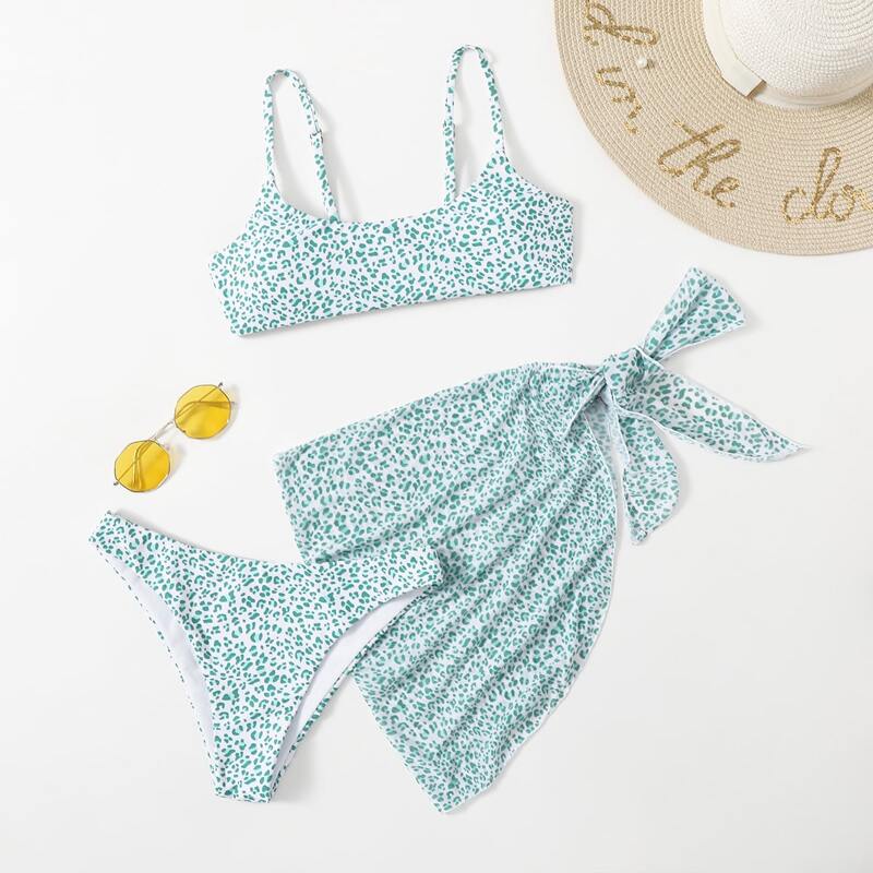 

3pack Leopard Bikini Swimsuit & Beach Skirt, Green
