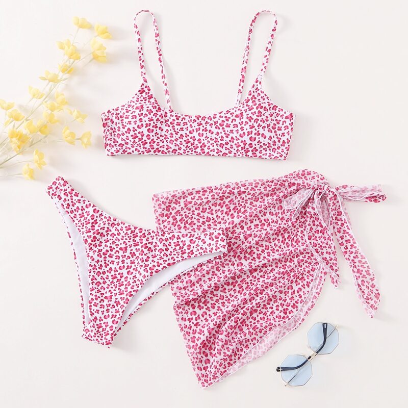 

3pack Leopard Bikini Swimsuit & Beach Skirt, Red