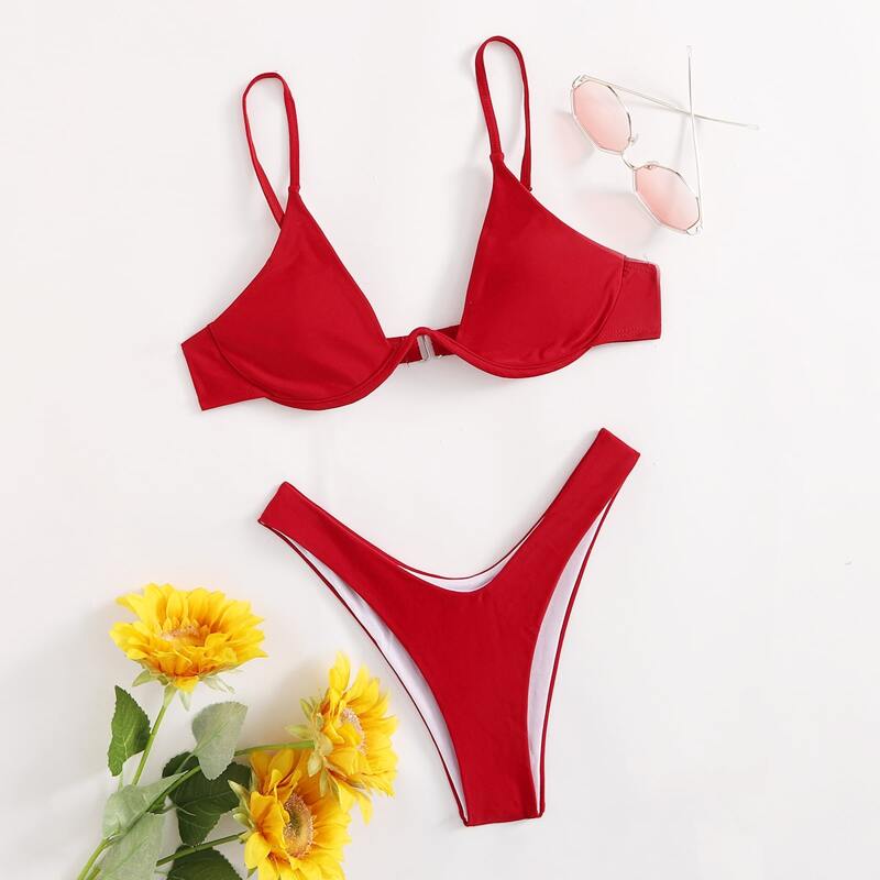 

Solid High Cut Bikini Swimsuit, Red