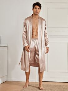 Bata nocturna con cinturón con doble bolsillos de satén con shorts - Albaricoque - Ver 3