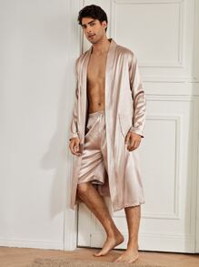 Bata nocturna con cinturón con doble bolsillos de satén con shorts - Albaricoque - Ver 4