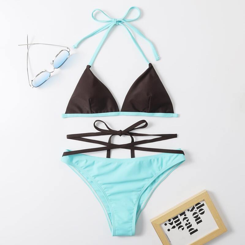 

Two Tone Crisscross Decor Bikini Swimsuit, Multicolor