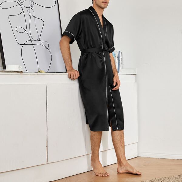 

Men Belted Satin Sleep Robe, Black