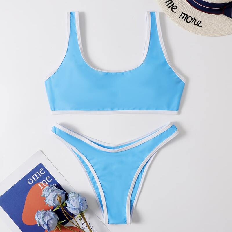 

Contrast Binding High Leg Bikini Swimsuit, Blue