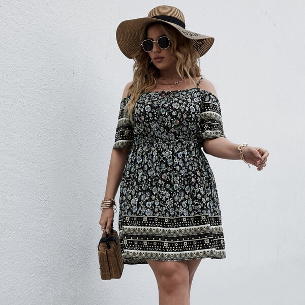 

Plus Floral Print Cold Shoulder Dress, Multicolor