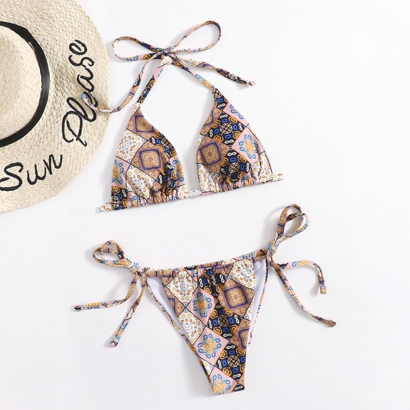 

Geometric Pattern Tie Side Bikini Swimsuit, Multicolor