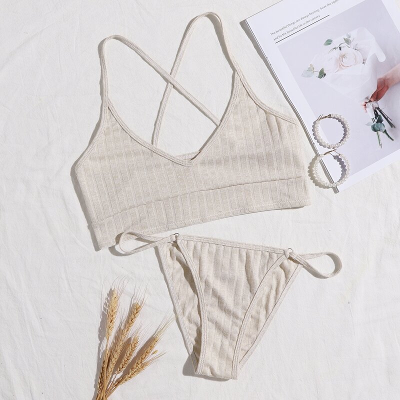 

Solid Thong Lingerie Set, Beige