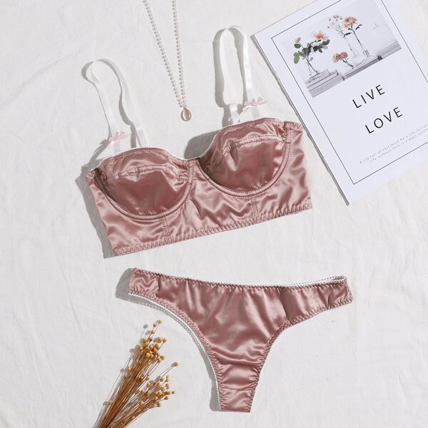 

Satin Bow Decor Push Up Lingerie Set, Dusty pink