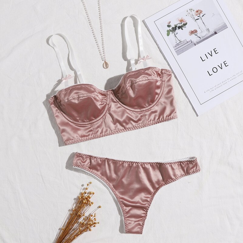 

Satin Bow Decor Push Up Lingerie Set, Dusty pink